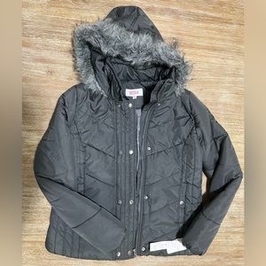 Krush Faux-Fur-Trim Puffer Quilted Jacket Charcoal XL